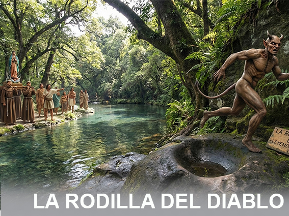 Ilustración de la leyenda La Rodilla del Diablo Uruapan - Diablo grabando su rodilla en piedra según tradición purépecha michoacana"