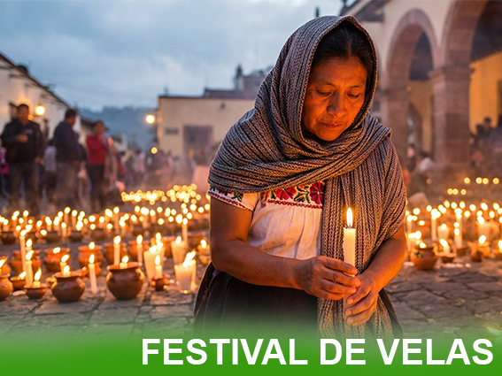 "Festival de las Velas en Uruapan, Michoacán - miles de velas encendidas decorando calles, ventanas y balcones en magia nocturna purépecha."