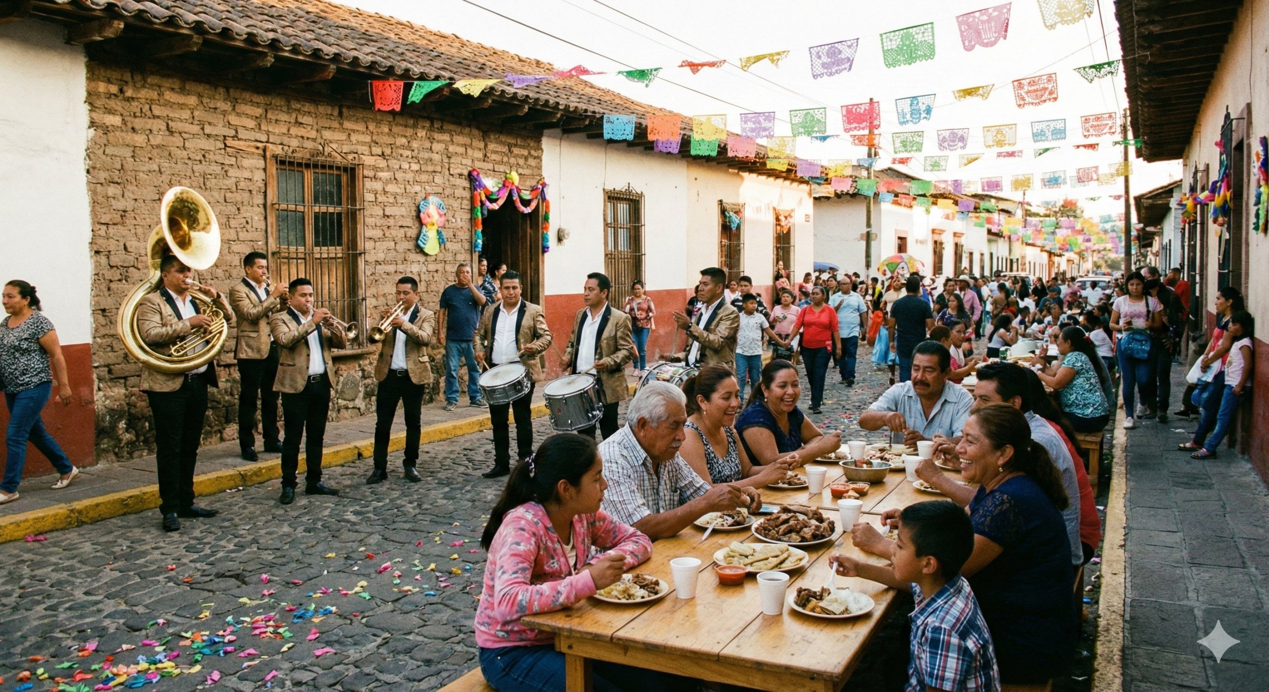 Fiesta de barrio tradicional en Uruapan, Michoacán - música en vivo, antojitos callejeros, familias bailando y colores en calles empedradas