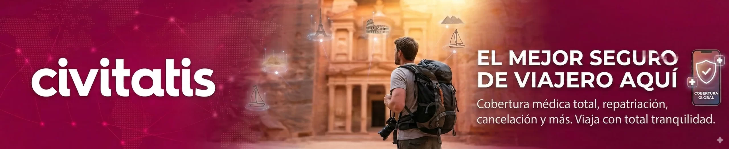 Seguro de viaje de Civitatis con cobertura médica internacional, asistencia 24/7 y protección de equipaje - contratable hasta 72 horas antes del viaje