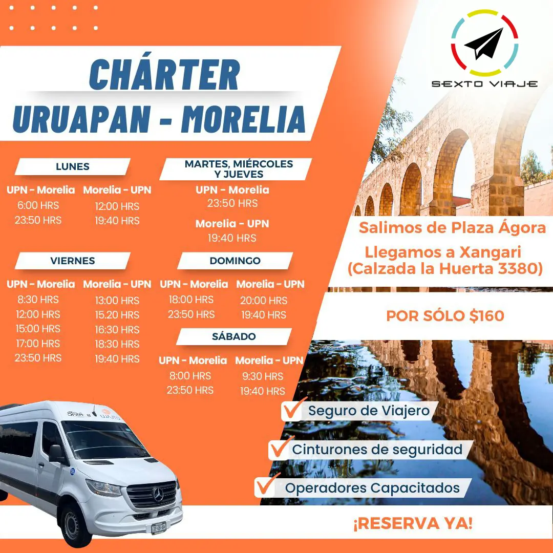 viaje charter desde la ciudad de Uruapan a Morelia y viceversa