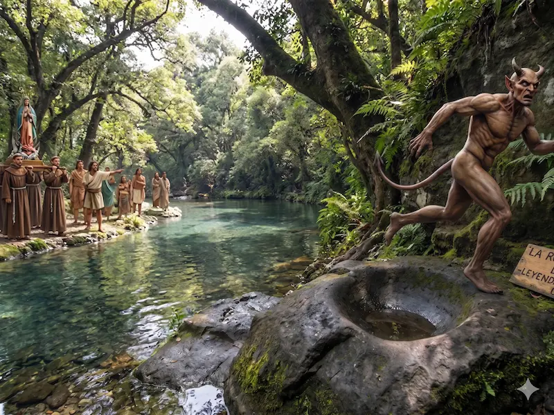 Representación de la leyenda de la rodilla del diablo en el río Cupatitzio en Uruapan, Michoacán.