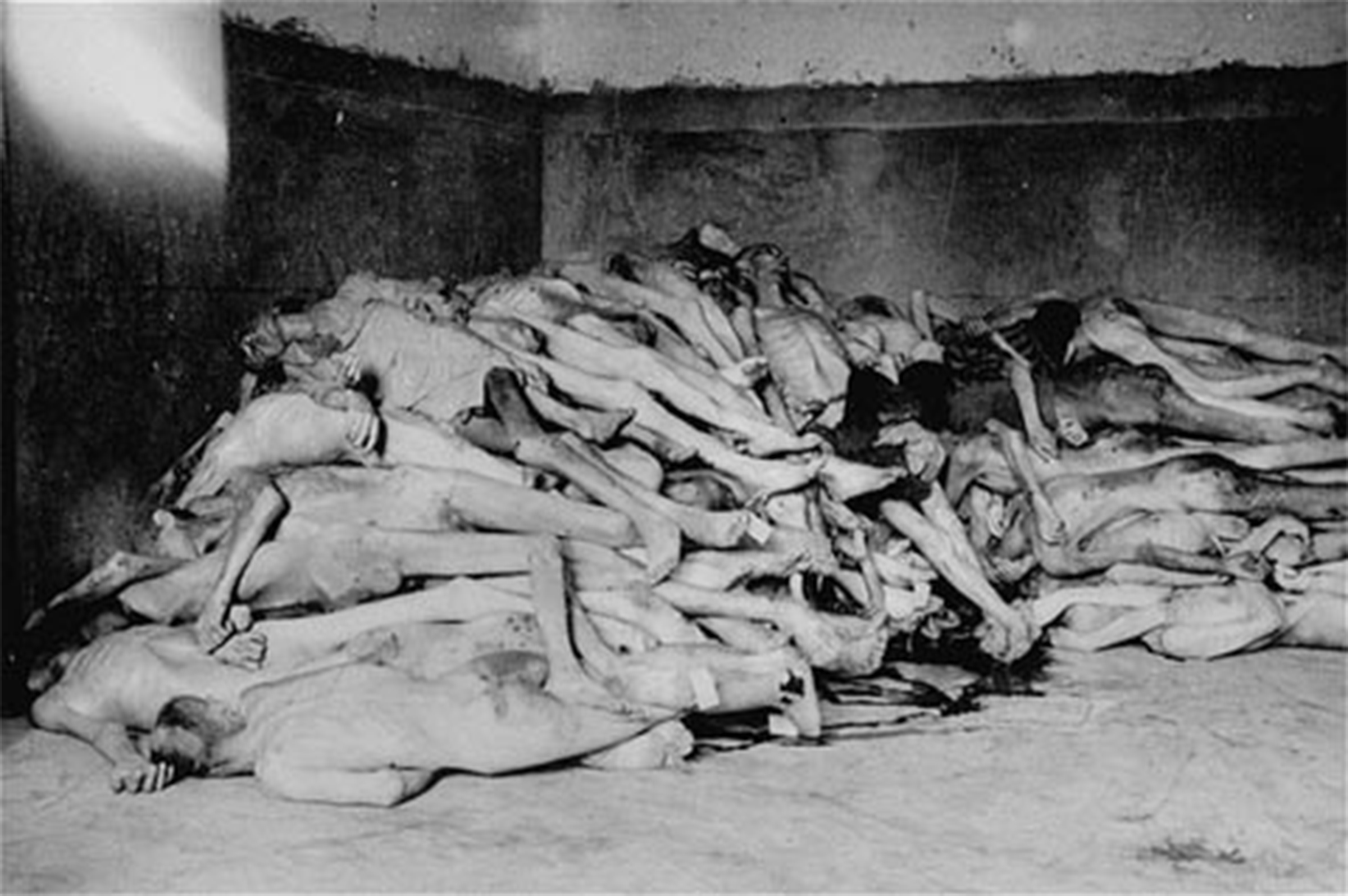 Cadáveres apilados de los prisioneros en espera de ser cremados.