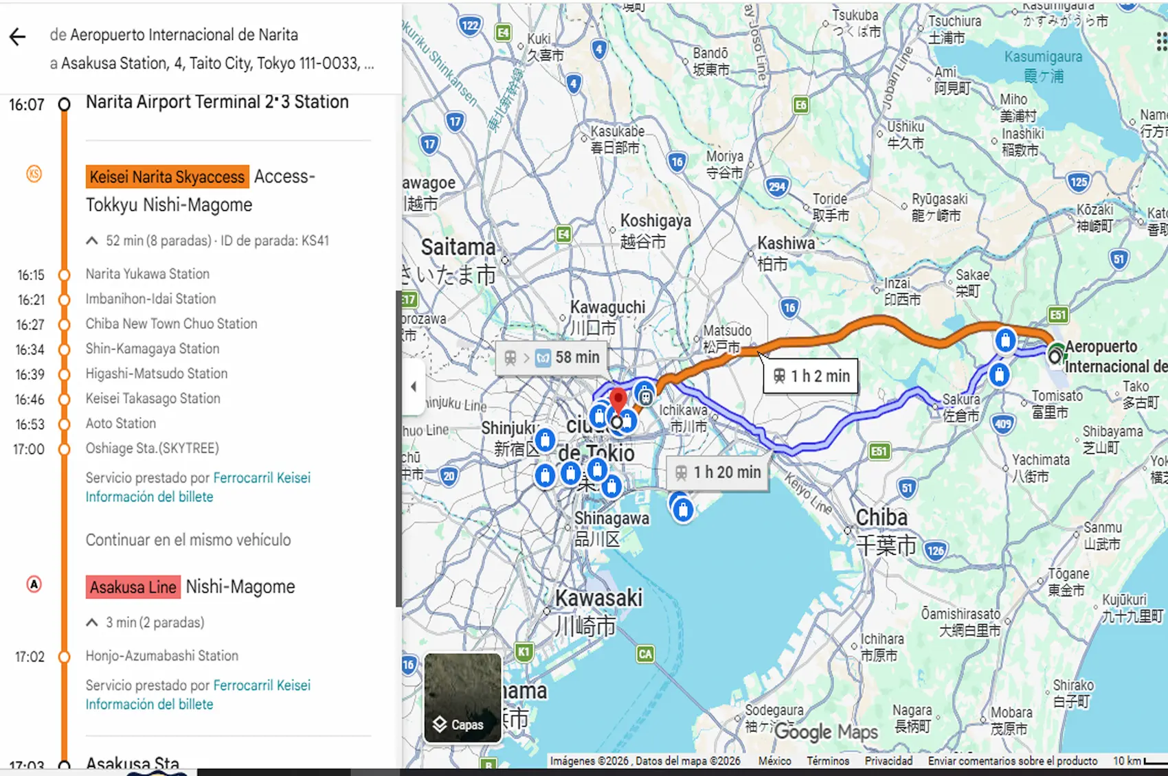 Mapa de Google maps en donde aparecen la ruta del tren desde aeropuerto de Narita a Asakusa Station