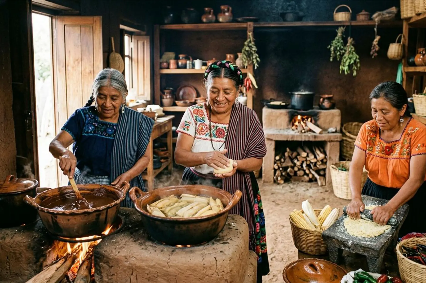 Cocinera tradicional purépecha de Michoacán preparando alimentos en un fogón de leña, rodeada de ollas de barro y utensilios de madera en el centro de la cocina.